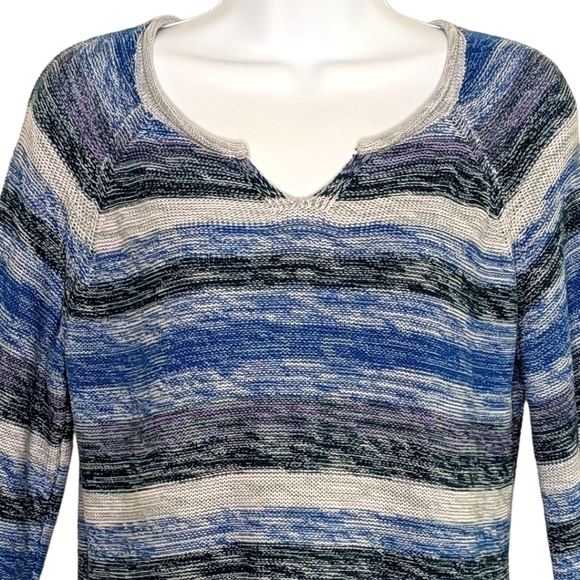 Eddie Bauer Pullover V-Neck Striped 100% Cotton Blue Gray Cozy Sweater Size XS - Picture 8 of 12